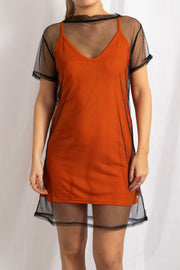 Daisy Street Mesh Tee Dress With Orange Cami Insert