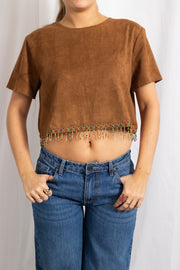 Daisy Street Suede Crop Top With Beads