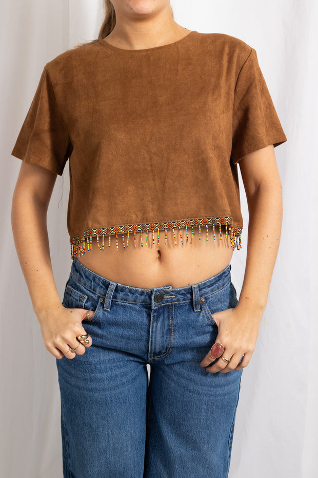 Daisy Street Suede Crop Top With Beads