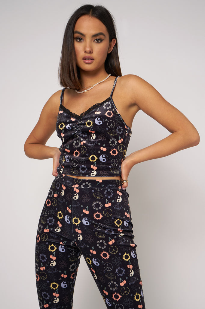 Daisy Street Collage Print Velvet Cami Crop Top