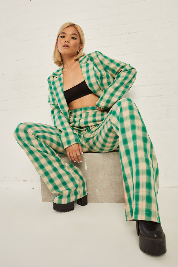 Daisy Street High Waisted Flared Trousers in Check Print