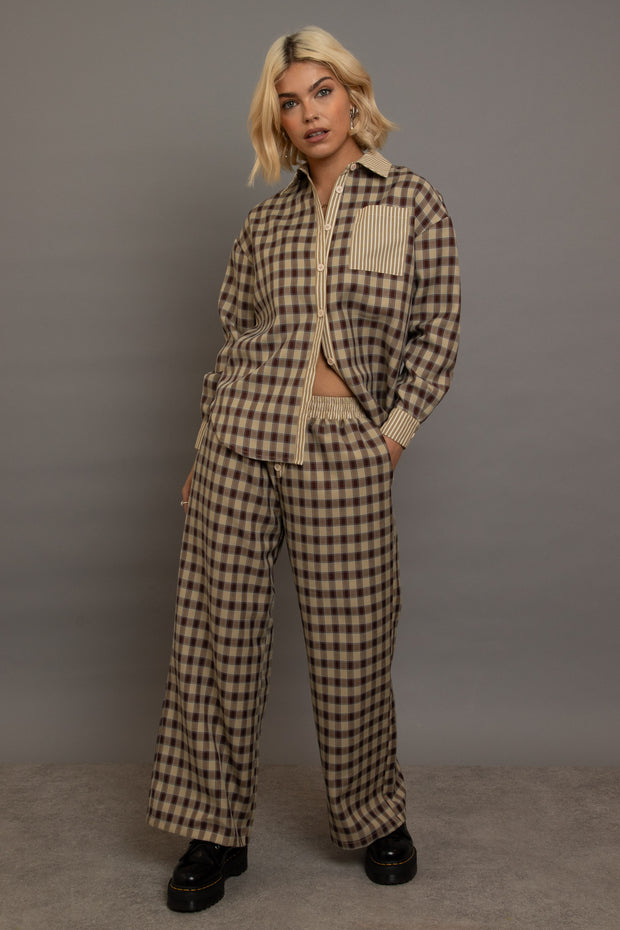 Daisy Street Check Wide Leg Trousers With Contrast Stripe Pockets